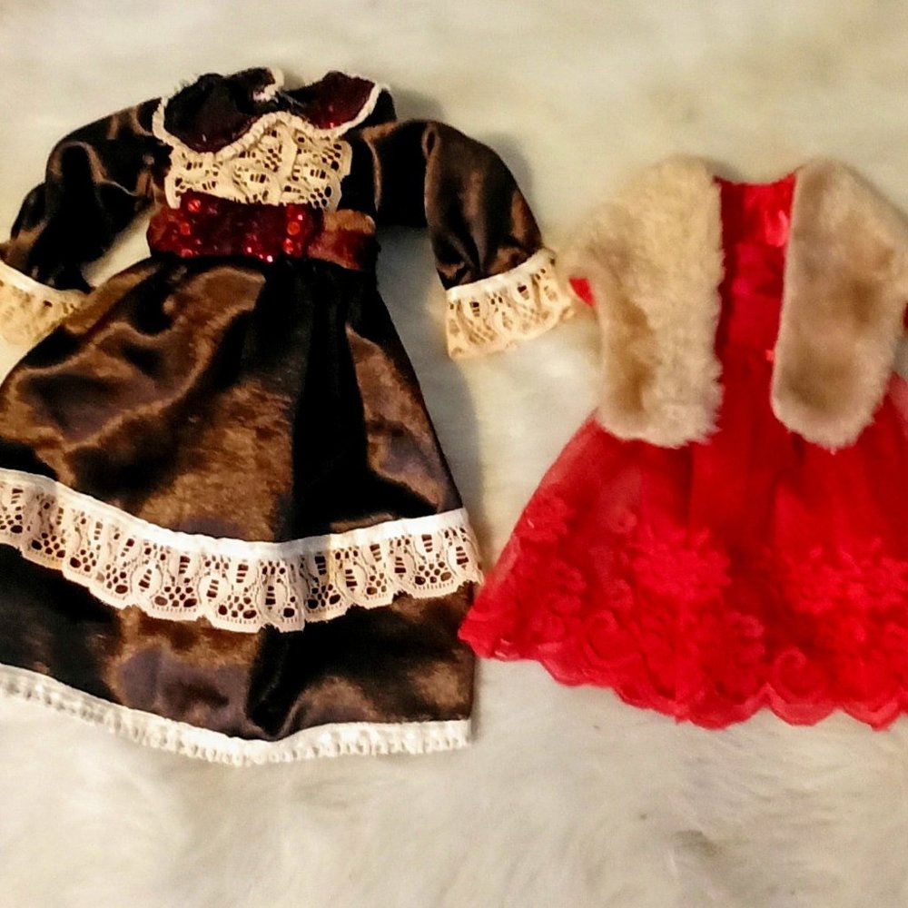 2 Vintage 1950's Doll Evening Gowns and Faux Fur Shawl